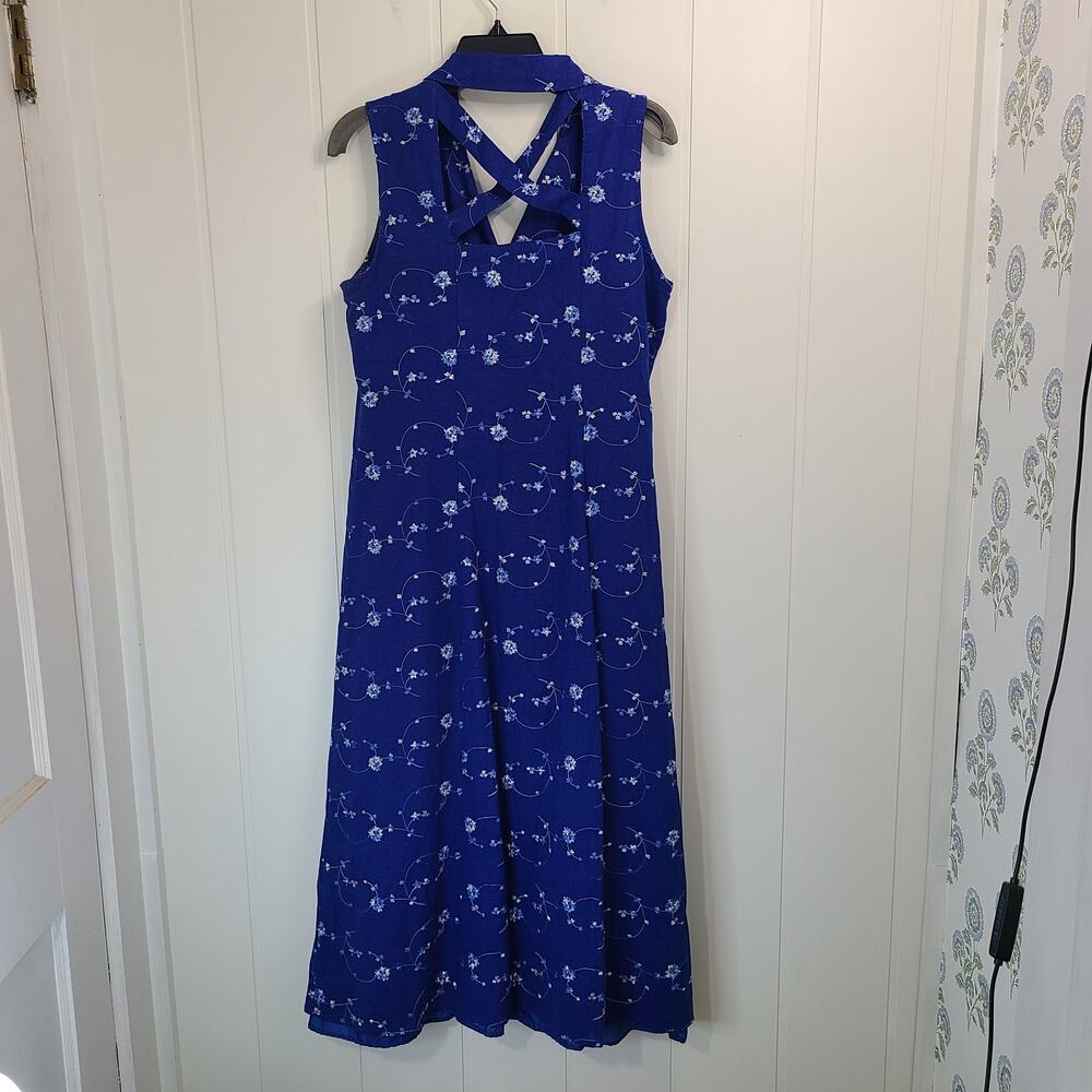 Vintage Cimmaron Dress Blue Embroidered Linen Blend Shirt Dress Size 8 Floral